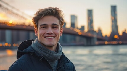 young smiling handsome man smiling portait photo river bridge cityscape blurred background