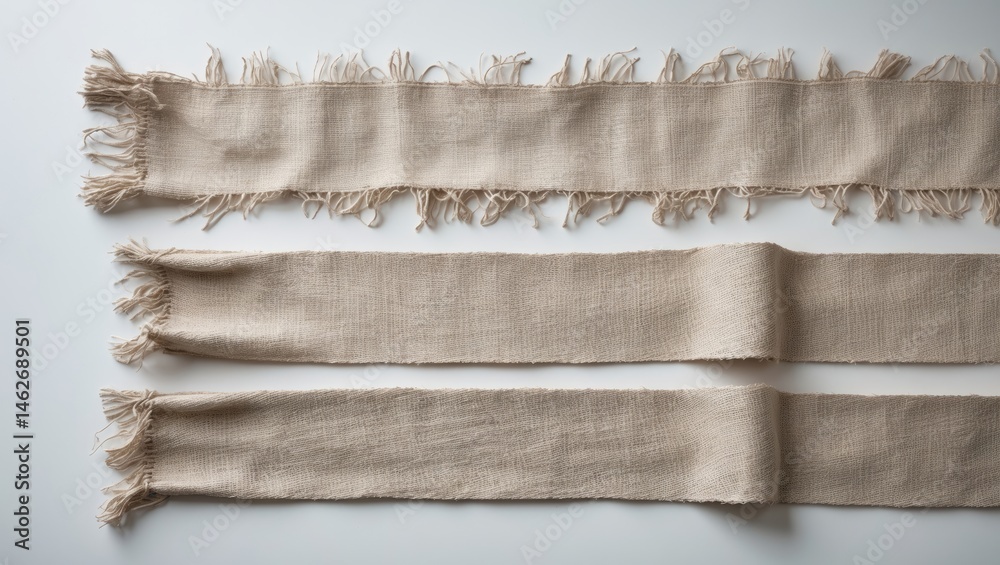 Poster close-up of two torn cloth patches from sackcloth against a white backdrop