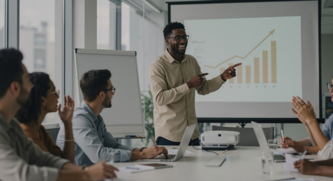 Young African American office worker presenting raising data graph in office conference room. Happy Black man gesturing during business presentation with raising chart to board of directors.