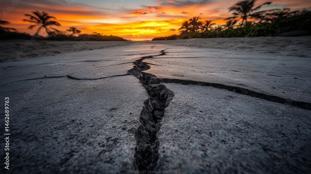 Poster Road with a large crack in it. The sky is orange and the sun is setting. Scene is somber and desolate