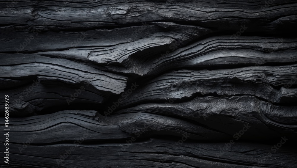 Poster close-up of charred wood surface showcasing ash and cracked texture for design backdrop