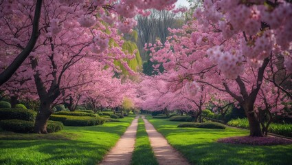 Naklejka premium Blooming Cherry Tree Lane in a Vibrant Japanese Garden during Spring
