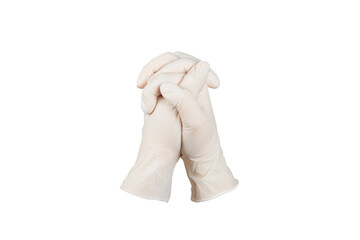 Medical nitrile gloves isolated on white background. Surgical latex gloves. Rubber gloves production. Doctor or nurse putting on protective gloves. Medicine concept. Sterility, protection.