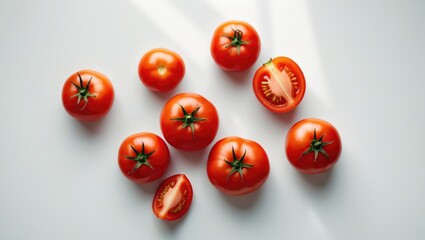 Close-up of Juicy Ripe Tomatoes and Cherry Vegetables on White Studio Background, Top Perspective