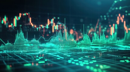 Futuristic global financial network visualization. Glowing green data streams flow across a world map. Stock charts, graphs, and numeric data overlay the dark background.