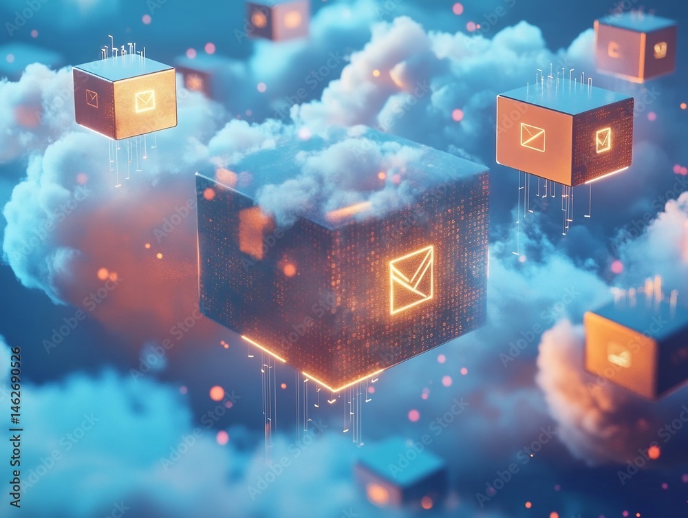 Poster cloud data transmission: illuminated message cubes floating in digital space