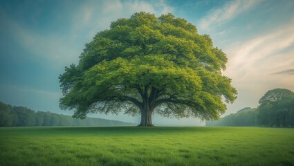 A solitary oak tree in a vibrant green field under a expansive cloudy sky