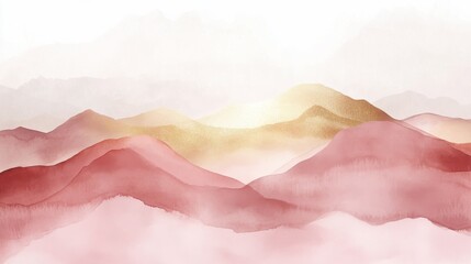 Mountain background vector. Minimal landscape art with watercolor brush and golden line art texture. Abstract art wallpaper for prints, Art Decoration, wall arts and canvas prints. illustration , no 