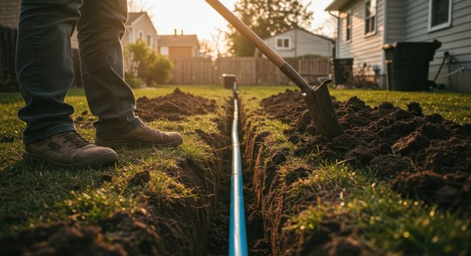 Fototapeta Utility line installation in backyard