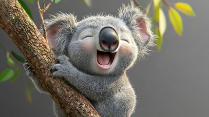 Joyful koala clinging to branch in tree, happy expression