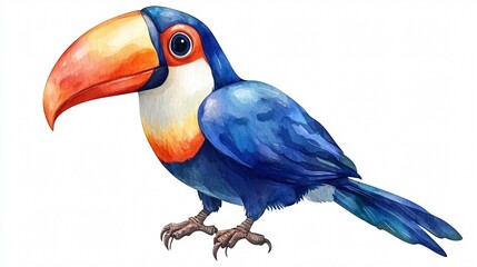 Fototapeta premium Colorful Watercolor Illustration of Cute Cartoon Toucan Isolated on White Background