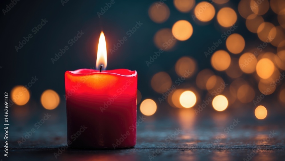 Poster red candle flickering with bokeh lights behind