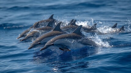 Obraz premium Dolphins swimming in formation, splashing water