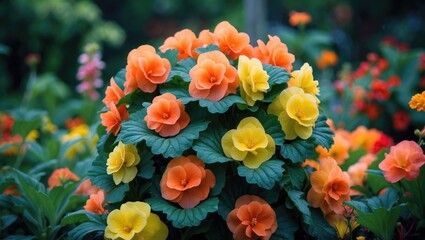 Colorful summer garden with blooming tuberous begonias and lush greenery