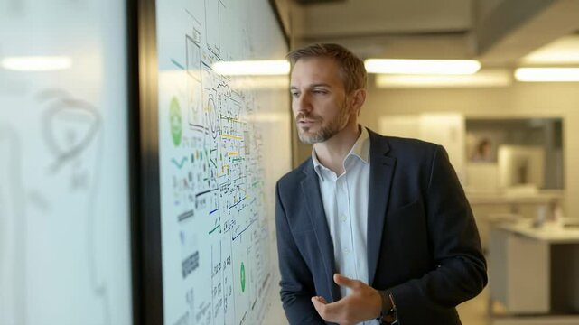 Professional man presenting data on interactive whiteboard, explaining business strategy in modern office, wearing suit, serious expression