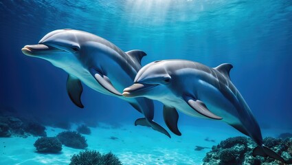 Fototapeta premium Underwater scene of a bottle nose dolphin swimming in the tropical lagoon of Rangiroa