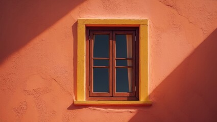Wooden window mounted on wall backdrop