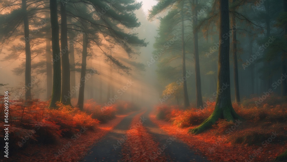 Aufkleber a tranquil pathway meanders through lush woodlands, where towering trees and misty surroundings high