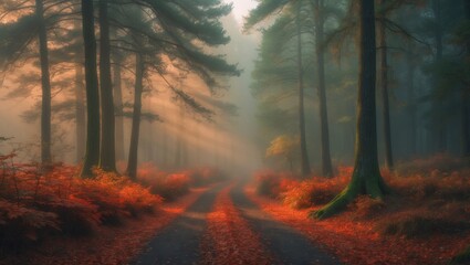Fototapeta premium A tranquil pathway meanders through lush woodlands, where towering trees and misty surroundings highlight the serenity of an autumn forest scene.
