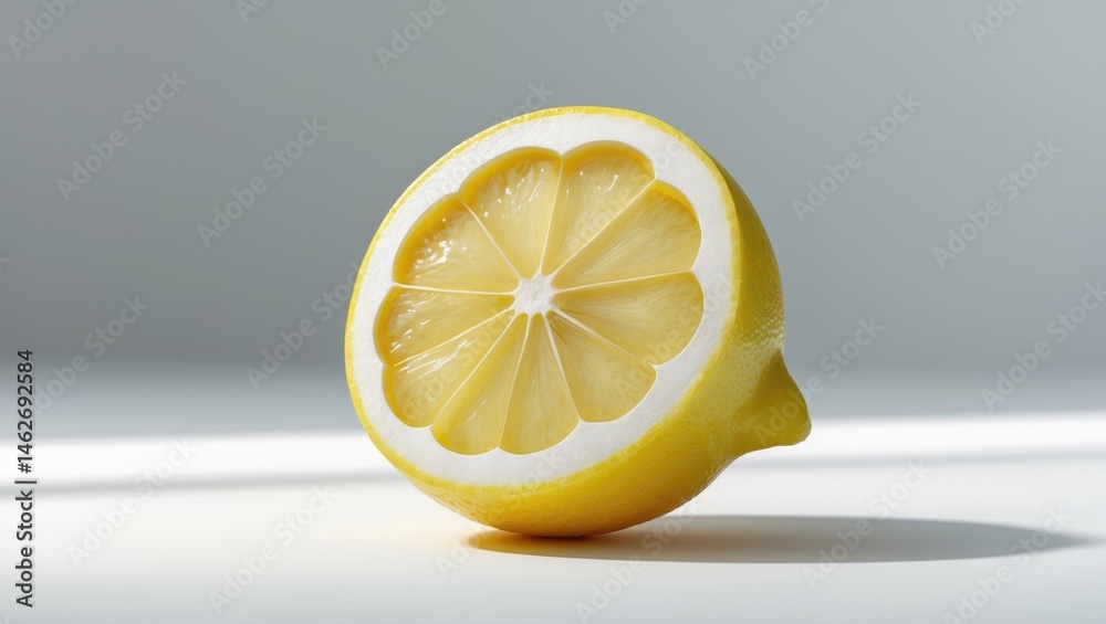Poster fresh lemon half with green leaves on a plain background