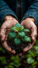 Hands holding small plant in soil