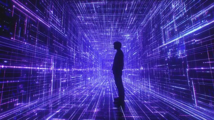Futuristic city skyline bathed in electric blue light with sharp glowing digital grid lines weaving between reflective skyscrapers and neon data streams pulsing through urban streets
