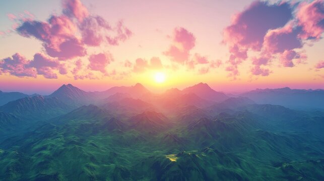 Breathtaking sunrise over green mountains, showcasing vibrant colors and serene nature, perfect for landscapes and travel themes.