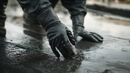 Person in Black Gloves Working with Wet Concrete