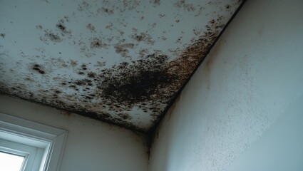 Black mold and mildew on ceiling surface inside room