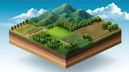 Isometric view of a diverse agricultural landscape displaying layered soil with mountains and cloudy skies, illustrating sustainable farming practices and land use.