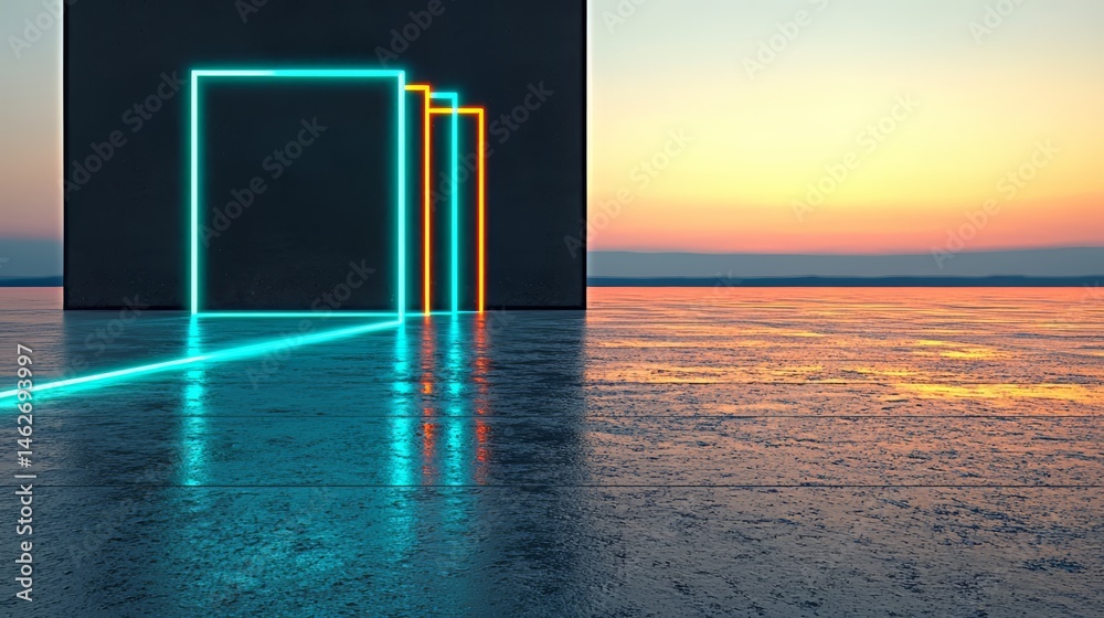 Poster series of neon lights are reflected in the water, creating a surreal and dreamlike atmosphere. the s