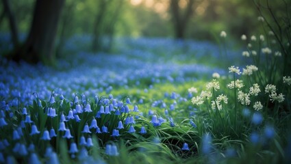 Fototapeta premium Blooming wild garlic alongside bluebells in a scenic outdoor setting