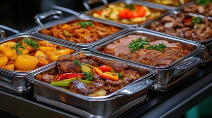 Assorted food dishes in chafing dishes buffet catering restaurant cuisine