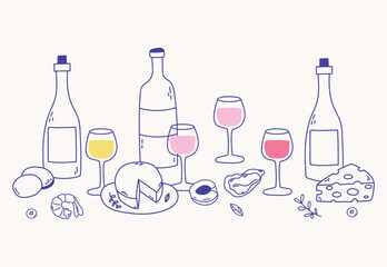 Hand-drawn doodle composition with wine bottles, glasses, and picnic snacks. Perfect for summer outdoor food themes.