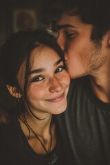 A man kisses a woman's cheek as she smiles warmly, a picture of sweet affection and care.