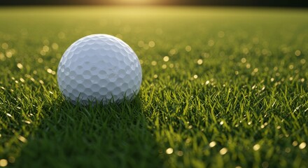 Obraz premium Golf Ball on Green Grass at Sunset - Close-up of a golf ball resting on a lush green grass fairway, bathed in the warm glow of the setting sun