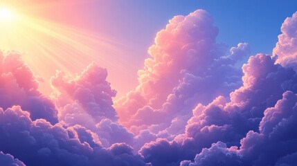 Vibrant clouds in blue sky with sun rays shining through them, beautiful, amazing, colorful, clouds, sky, sun rays