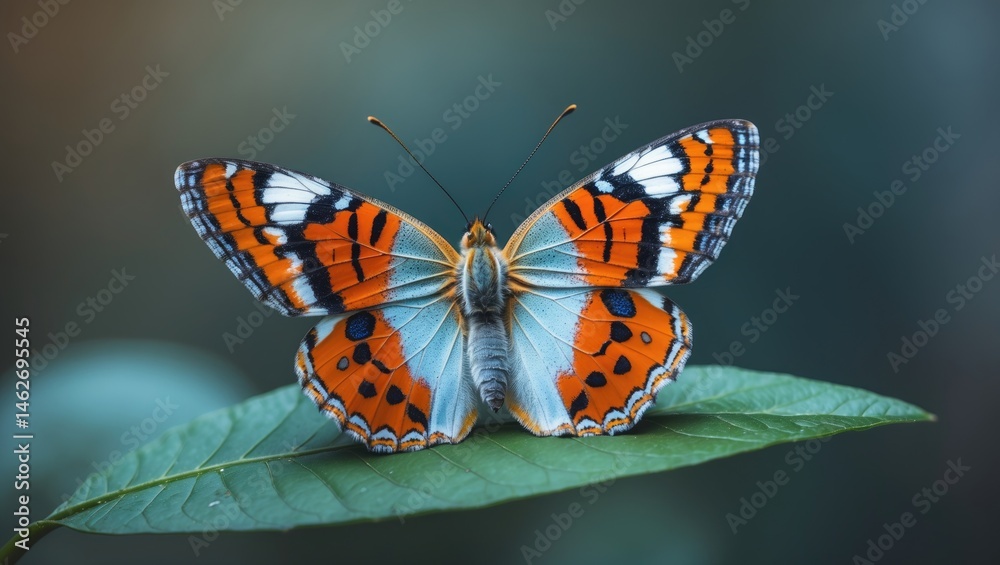 Poster vibrant butterfly perched on a leaf in nature, displaying intricate patterns and lively colors