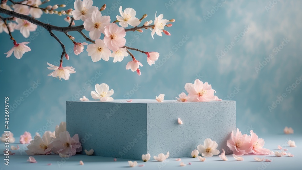 Poster spring-themed showcase featuring a decorated pedestal and blossoming branches in the background
