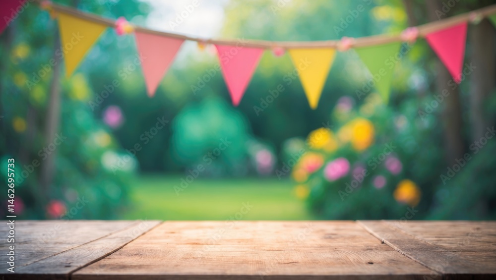 Poster Background blurred behind an empty wooden table