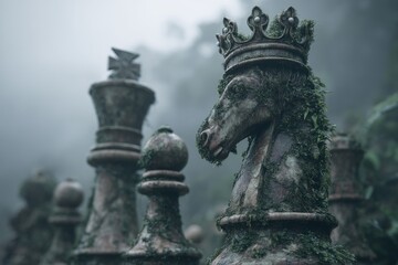Obraz premium Moss-covered chess pieces amidst a foggy landscape evoke a sense of mystery in an abandoned garden setting, where nature reclaims its territory