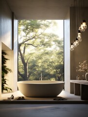 Large round bathtub in corner of bathroom with window
