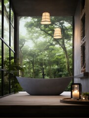 "Modern bathroom in forest setting