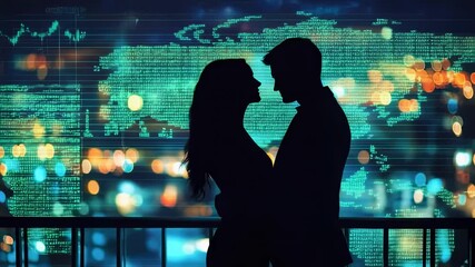 Silhouetted couple embracing against a futuristic cityscape backdrop - Powered by Adobe