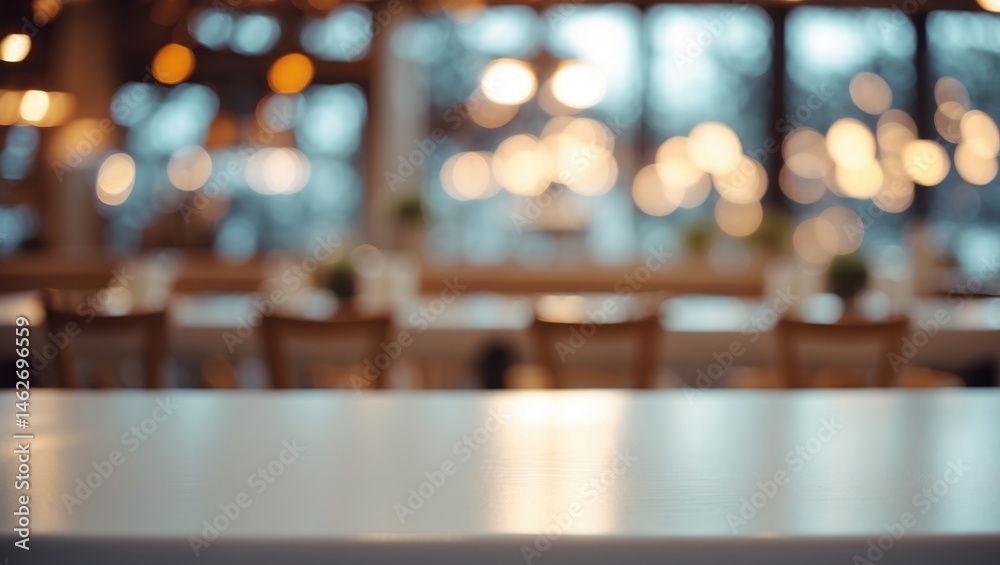 Aufkleber product showcase on a white wooden table with blurred soft lighting and bokeh background in a cafe i