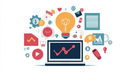 Digital marketing team with laptops and light bulb. Marketing team metrics, marketing team lead and responsibilities concept on white background. Header or footer banner template with copy space. ill