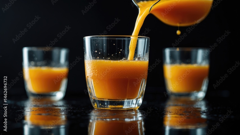 Poster fresh carrot juice being poured into a glass in a clean studio setting