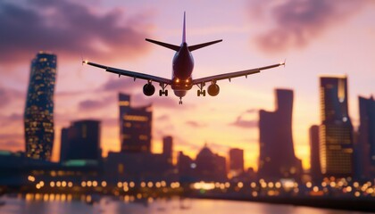 Airplane landing over city skyline at sunset