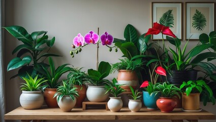 Fototapeta premium Stylish potted houseplants placed on a table by the wall enhancing interior decor
