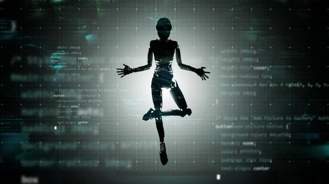 animation features a silhouetted humanoid robot figure in a meditative or balanced yoga pose against a backdrop of scrolling computer code